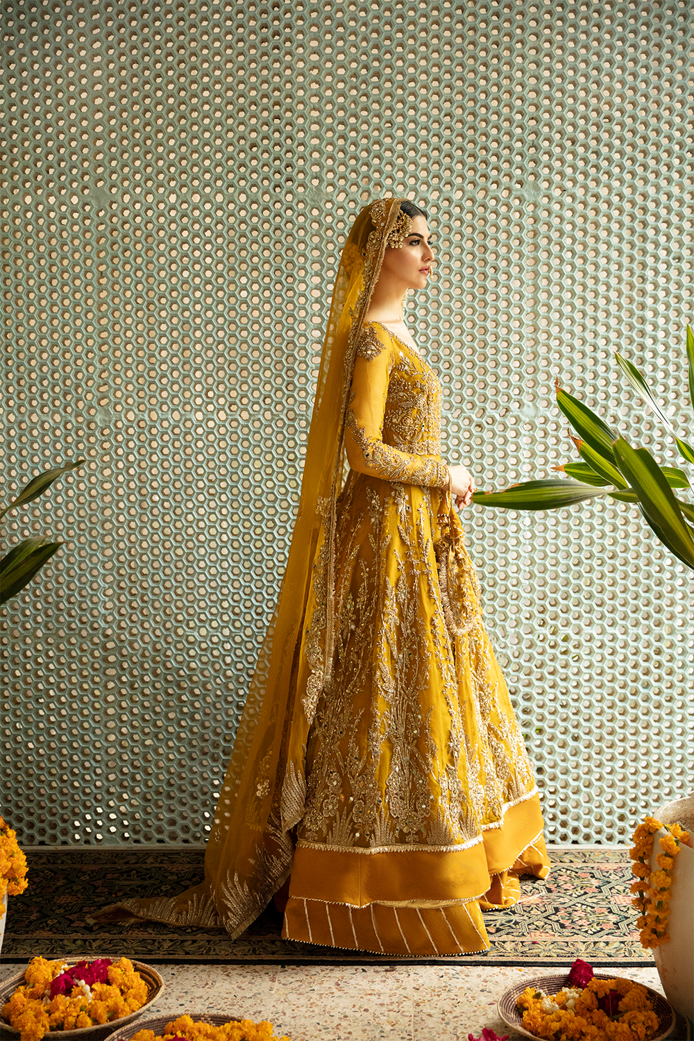 Mustard Adda Work Net Pishwas Dress (2-Piece) - Image 2