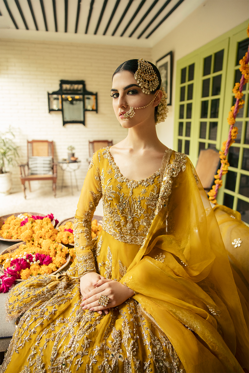 Mustard Adda Work Net Pishwas Dress (2-Piece) - Image 3