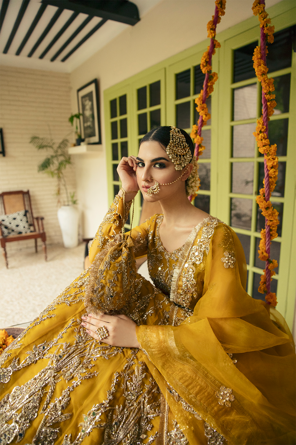 Mustard Adda Work Net Pishwas Dress (2-Piece) - Image 6