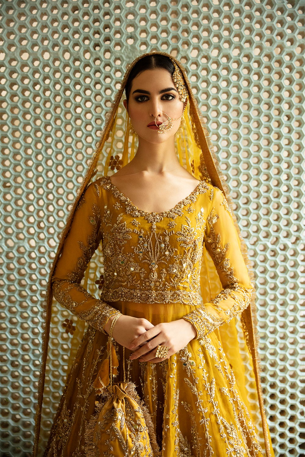 Mustard Adda Work Net Pishwas Dress (2-Piece) - Image 7