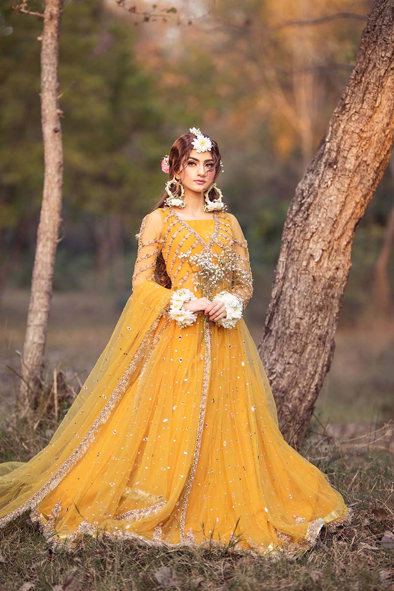 Mustard Embroidered Net Pishwas Dress (3-Piece) - Image 1