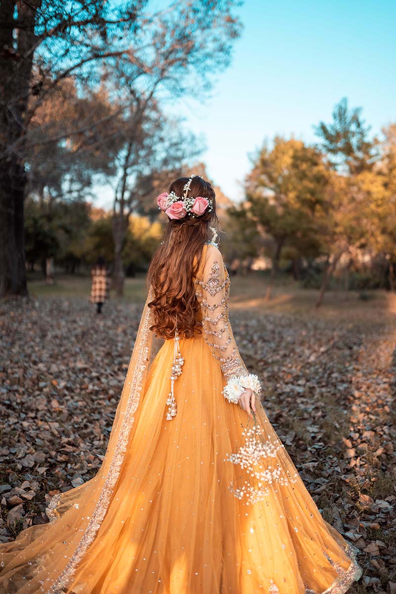 Mustard Embroidered Net Pishwas Dress (3-Piece) - Image 3