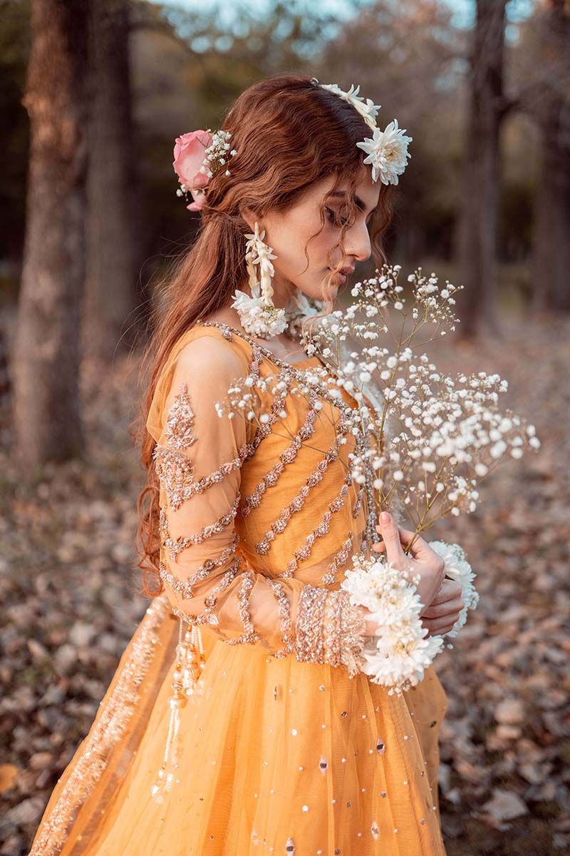 Mustard Embroidered Net Pishwas Dress (3-Piece) - Image 4