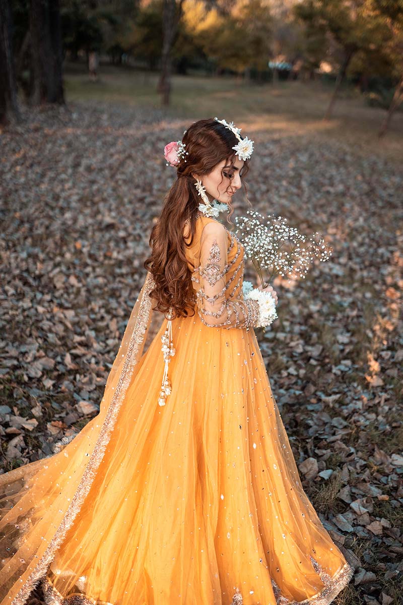 Mustard Embroidered Net Pishwas Dress (3-Piece) - Image 6