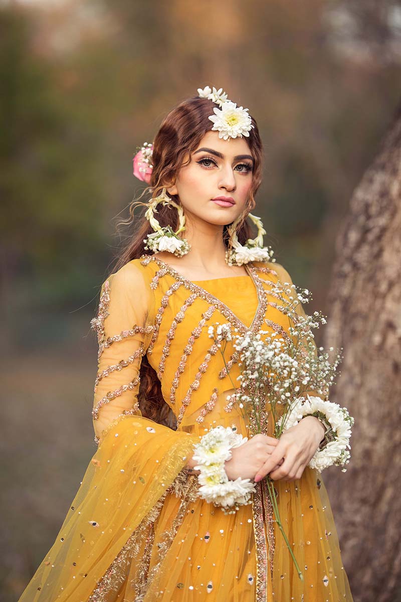 Mustard Embroidered Net Pishwas Dress (3-Piece) - Image 8