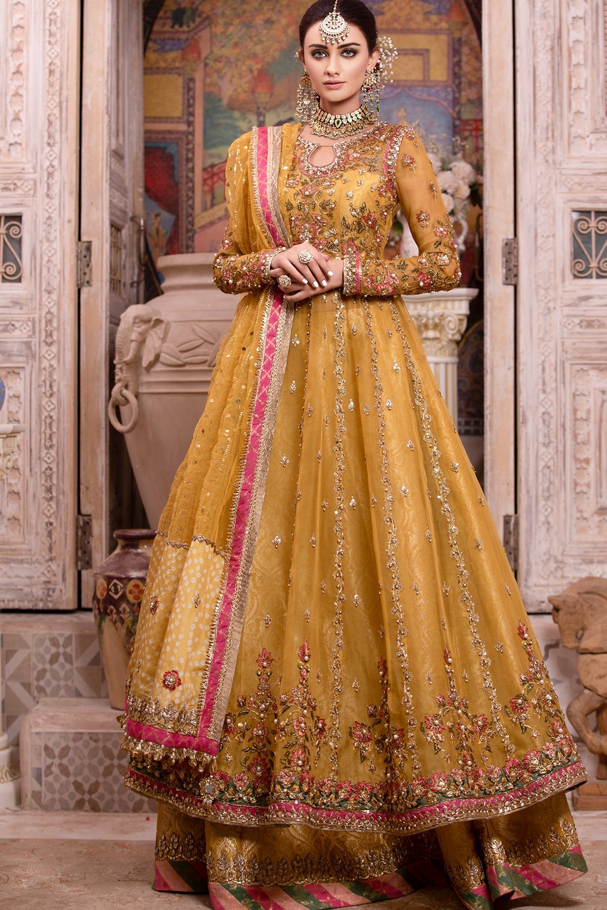 Pakistani Yellow Embroidered Organza Pishwas Dress (3-Piece) - Image 1
