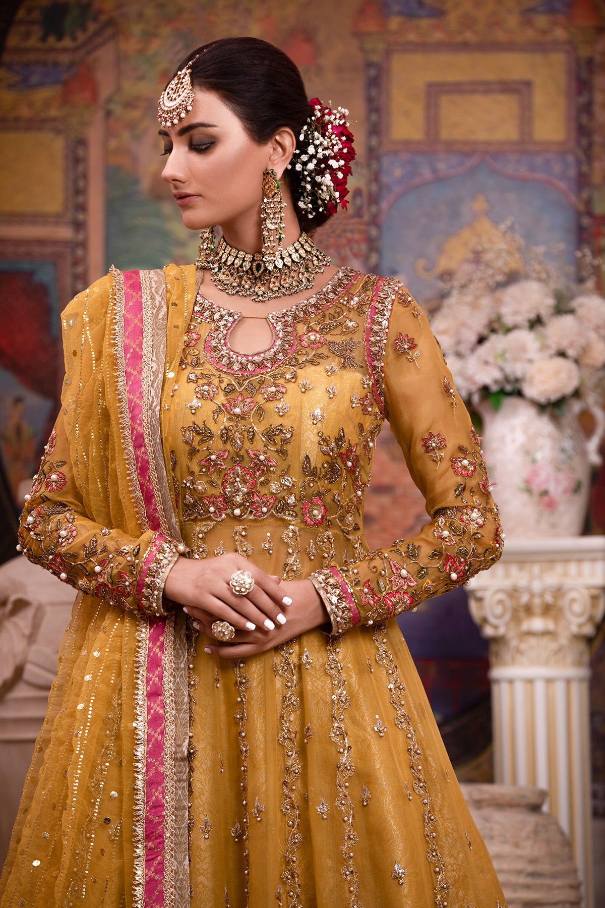 Pakistani Yellow Embroidered Organza Pishwas Dress (3-Piece) - Image 2