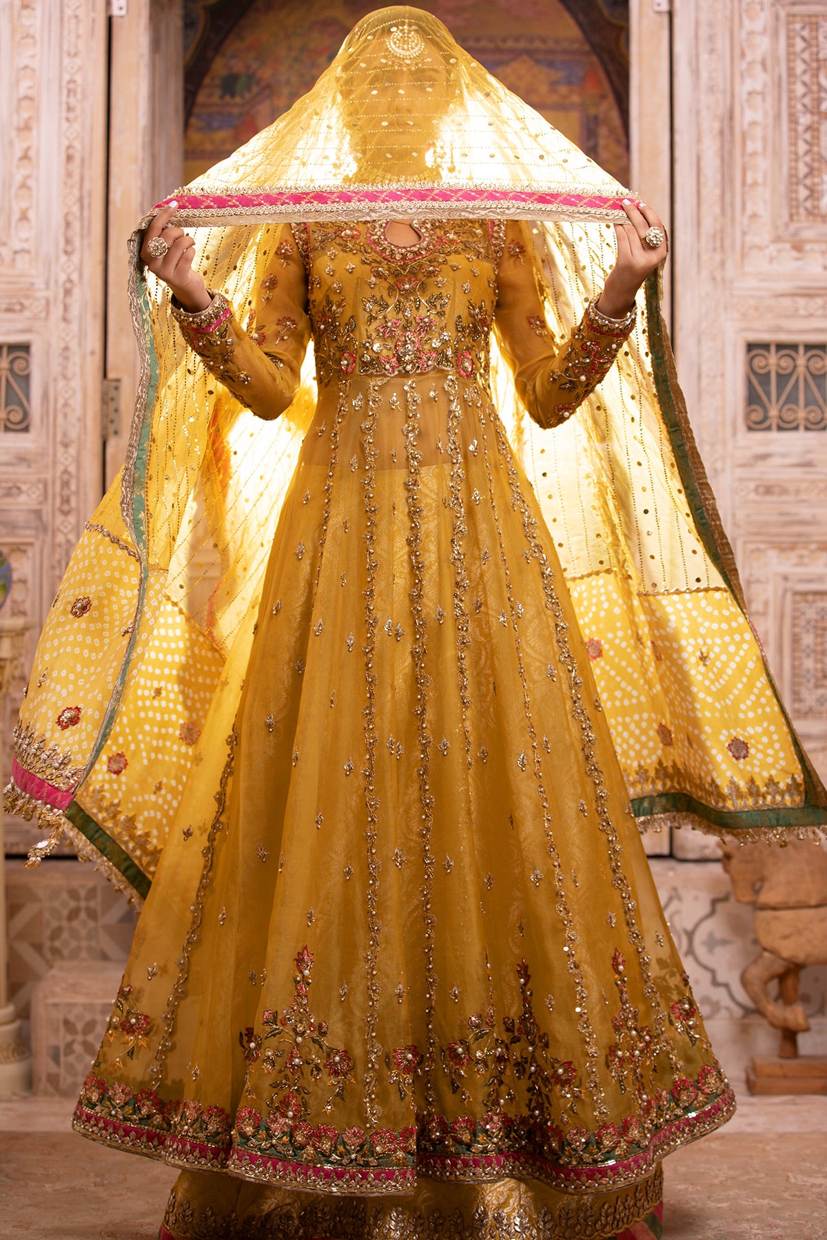 Pakistani Yellow Embroidered Organza Pishwas Dress (3-Piece) - Image 3