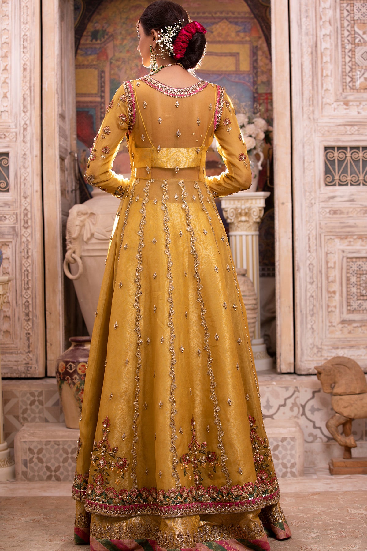 Pakistani Yellow Embroidered Organza Pishwas Dress (3-Piece) - Image 4