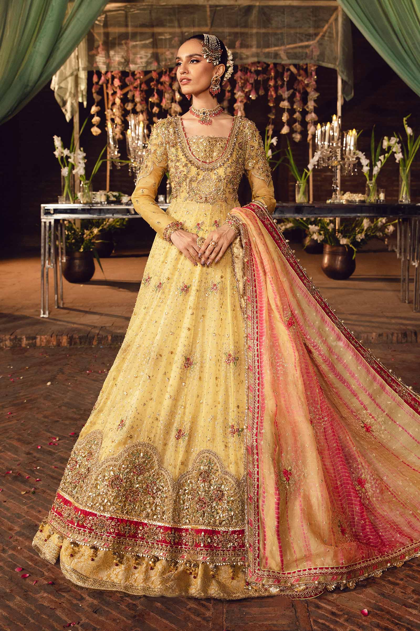 Yellow Dabka Naqshi Organza Pishwas Dress (3-Piece) - Image 1