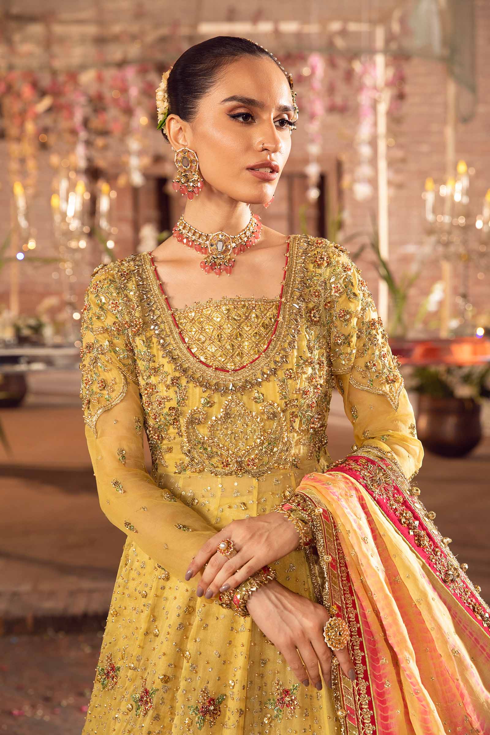 Yellow Dabka Naqshi Organza Pishwas Dress (3-Piece) - Image 2