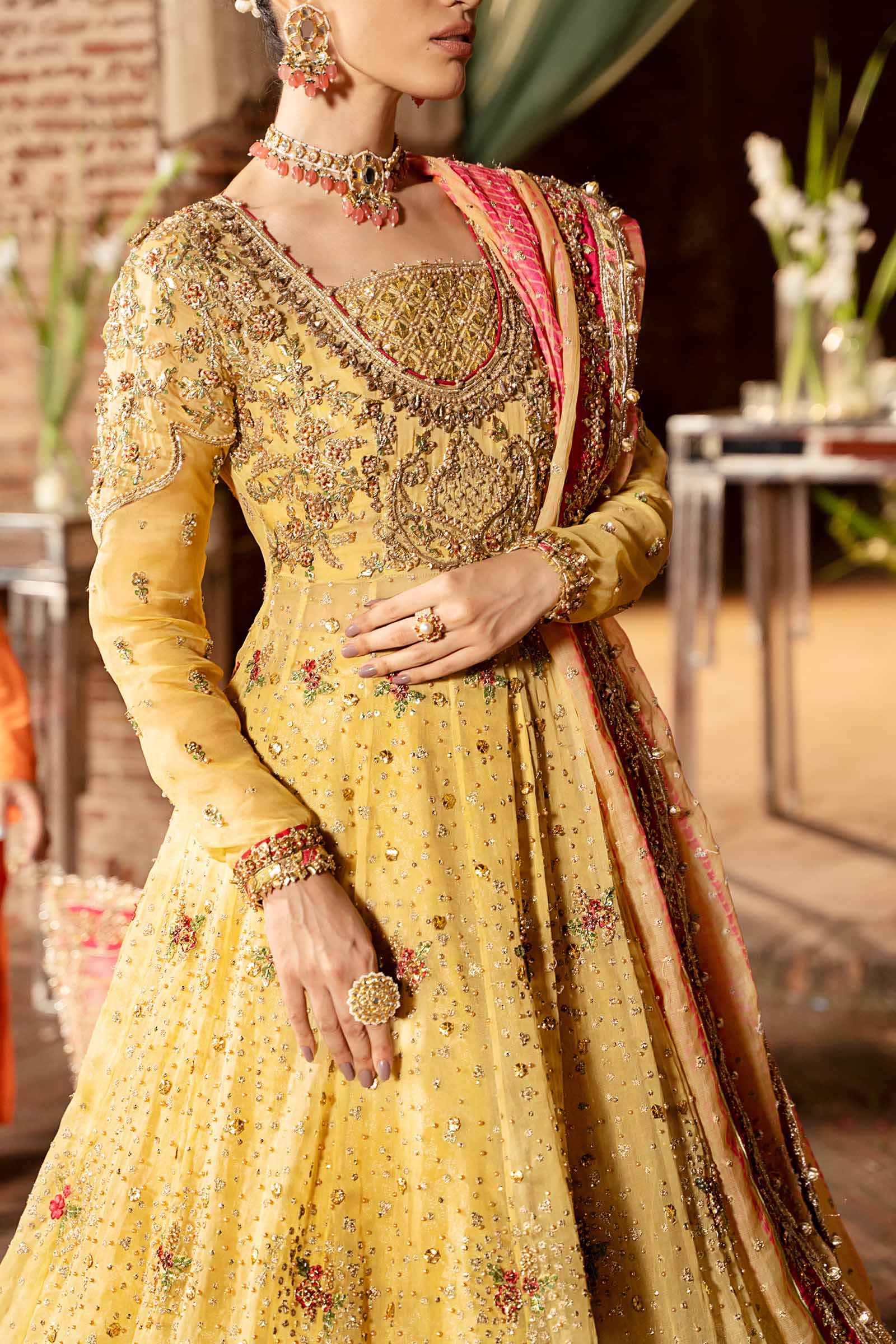 Yellow Dabka Naqshi Organza Pishwas Dress (3-Piece) - Image 3