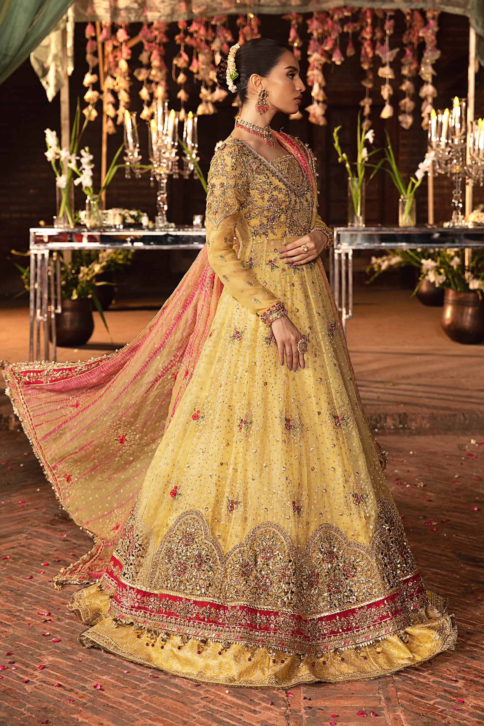 Yellow Dabka Naqshi Organza Pishwas Dress (3-Piece) - Image 4