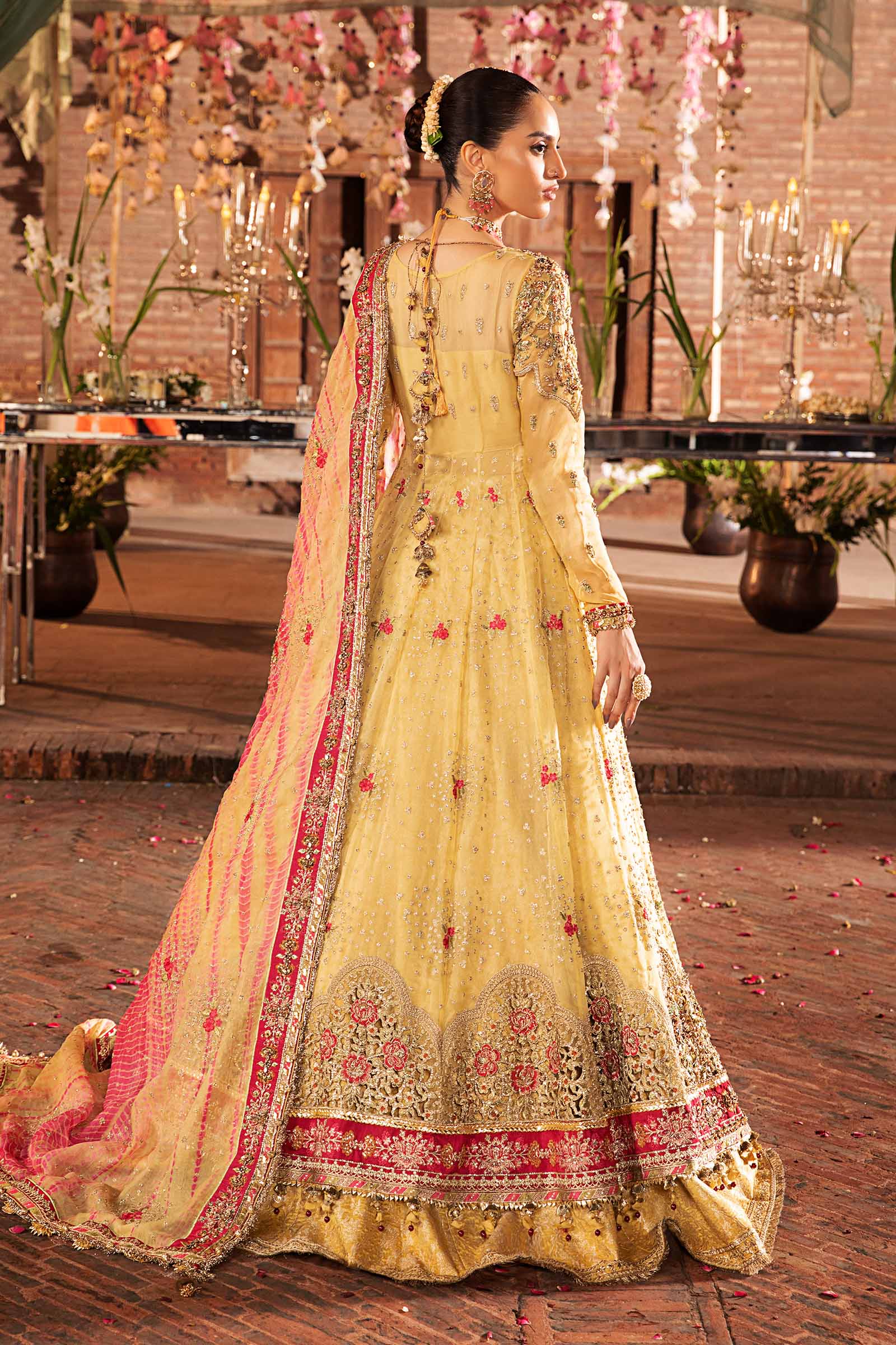 Yellow Dabka Naqshi Organza Pishwas Dress (3-Piece) - Image 5