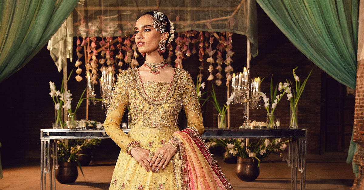 Yellow Dabka Naqshi Organza Pishwas Dress (3-Piece) - Image 6