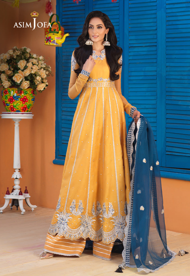 Pakistani Honey Yellow Embroidered Organza Pishwas (3-Piece) - Image 1