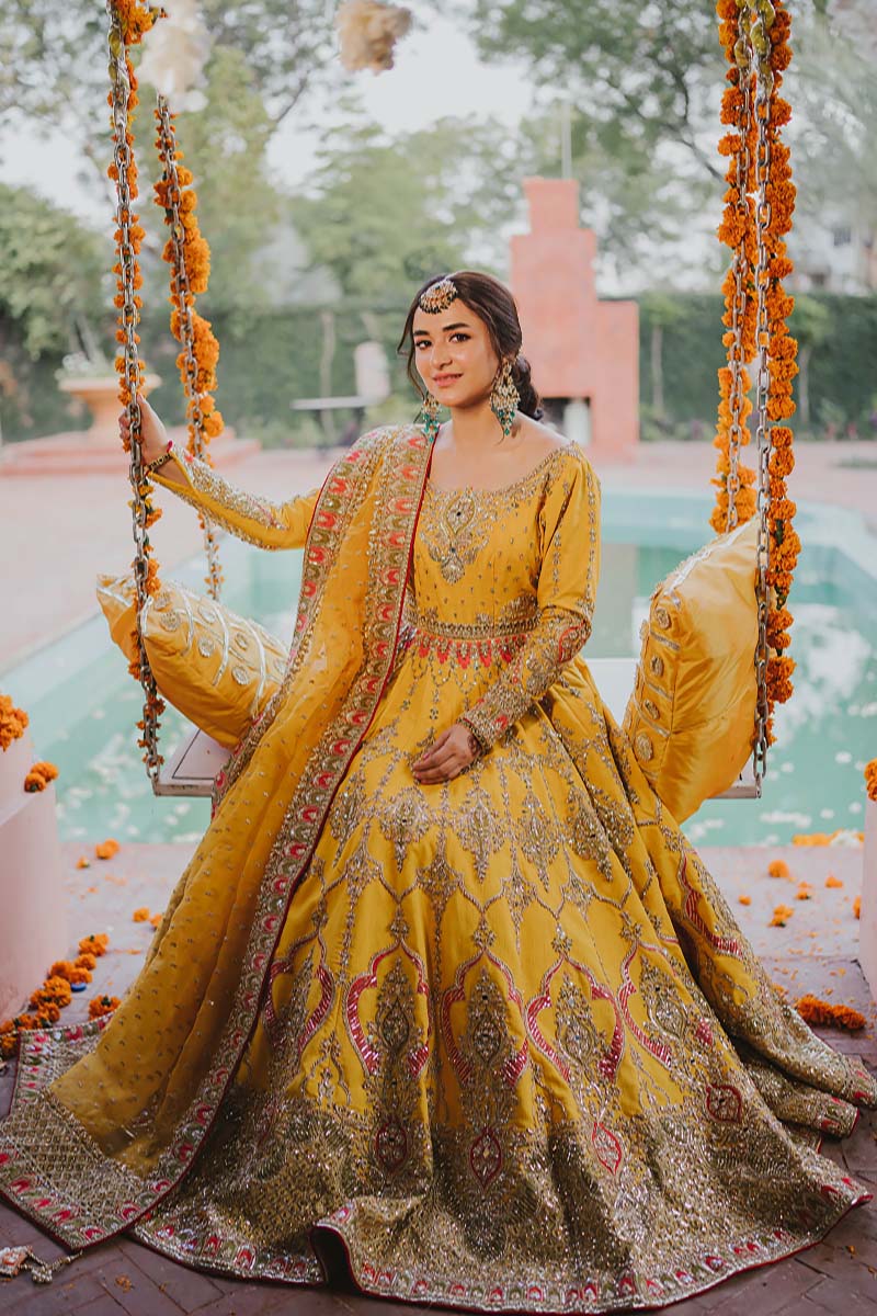 Pakistani Mustard Adda Work Raw Silk Pishwas (2-Piece) - Image 1