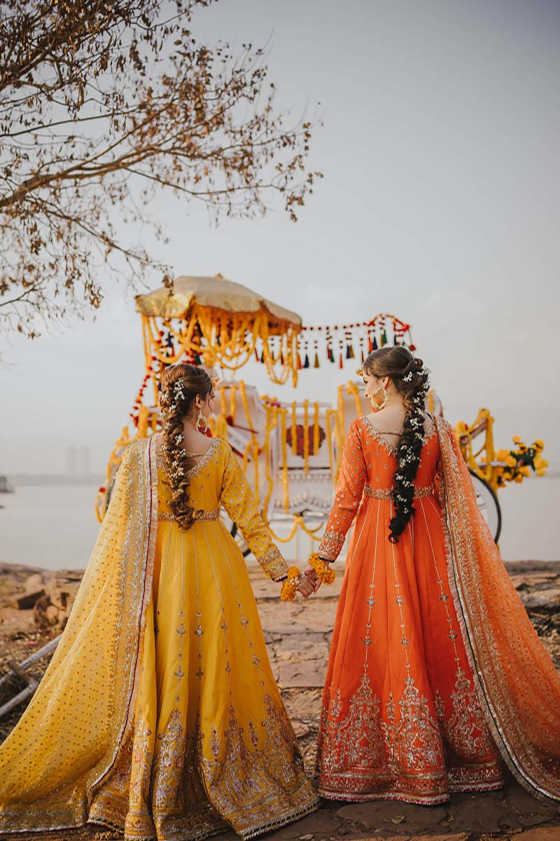 Pakistani Yellow & Orange Gota Embroidered Raw Silk Pishwas (2-Piece) - Image 2