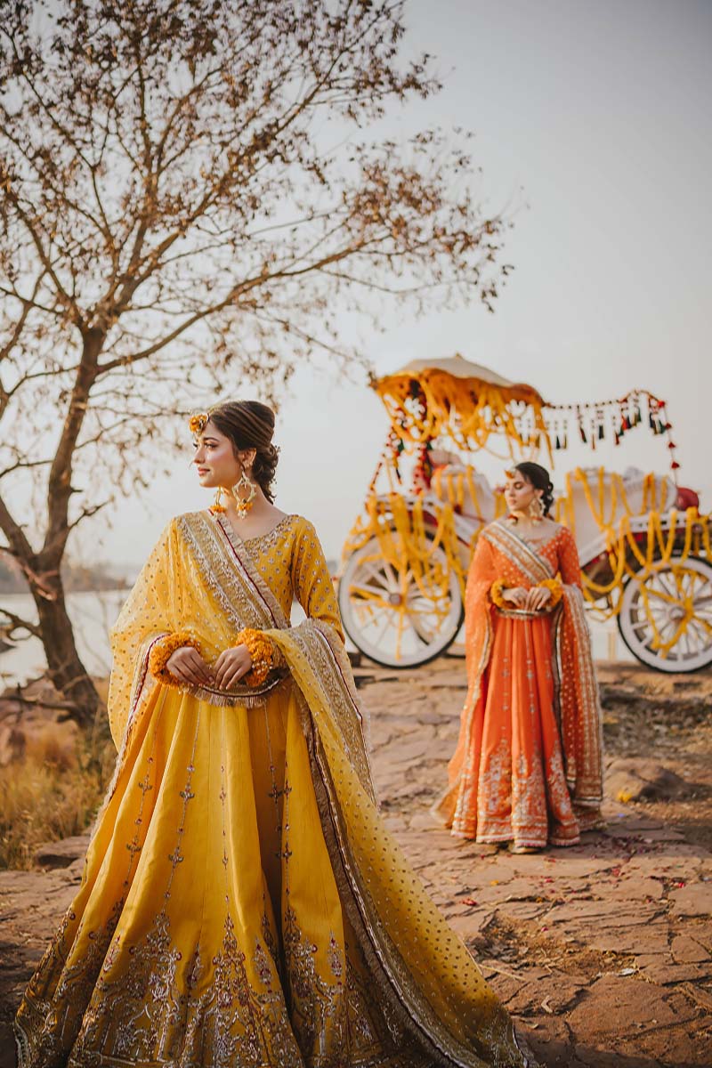 Pakistani Yellow & Orange Gota Embroidered Raw Silk Pishwas (2-Piece) - Image 3