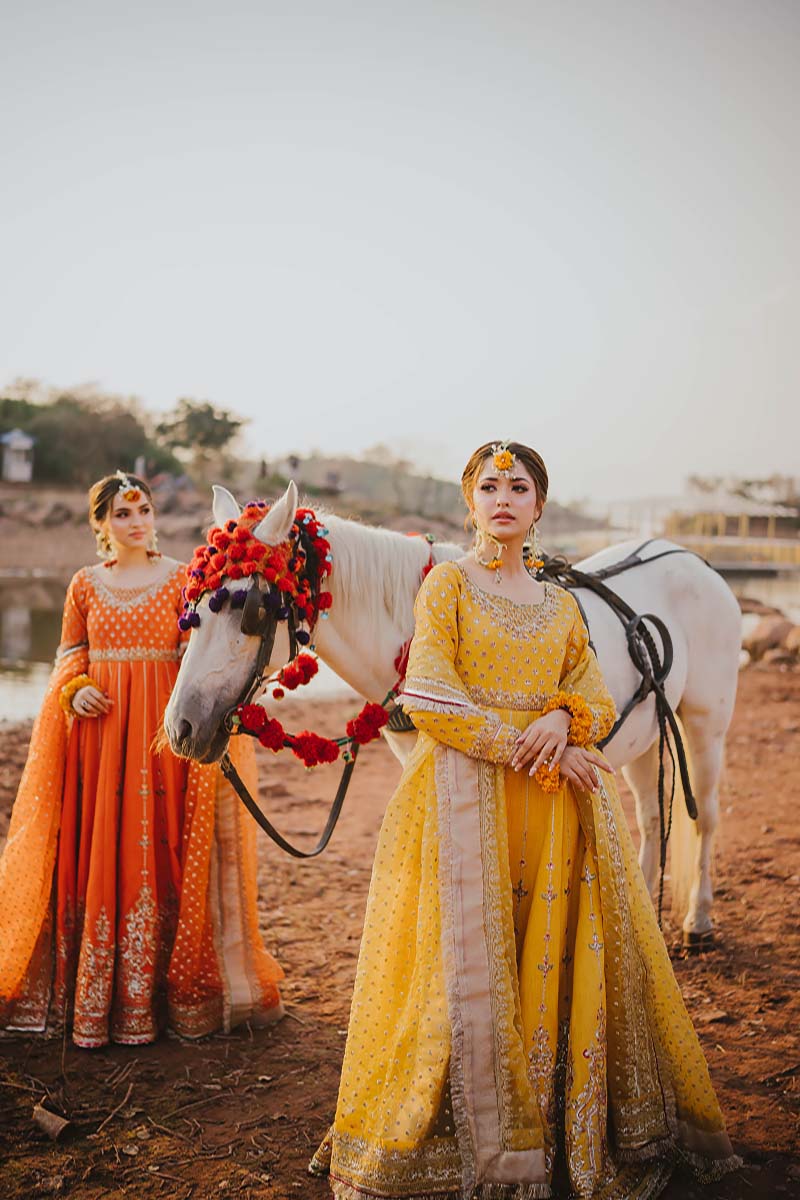 Pakistani Yellow & Orange Gota Embroidered Raw Silk Pishwas (2-Piece) - Image 5