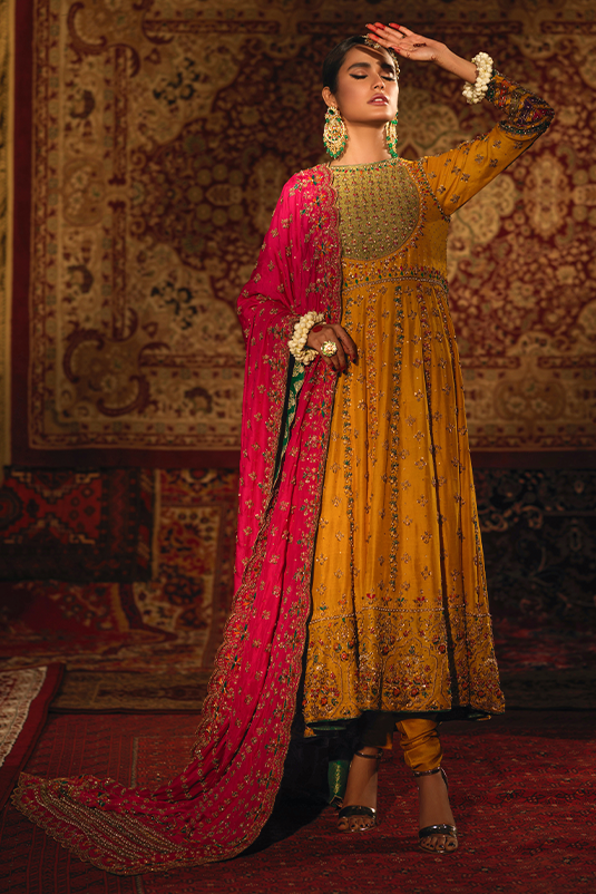 Marigold Yellow Embroidered Raw Silk Pishwas (3-Piece) - Image 6