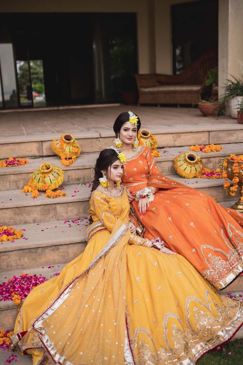 Yellow Embroidered Raw Silk Pishwas Dress (2-Piece) - Image 8