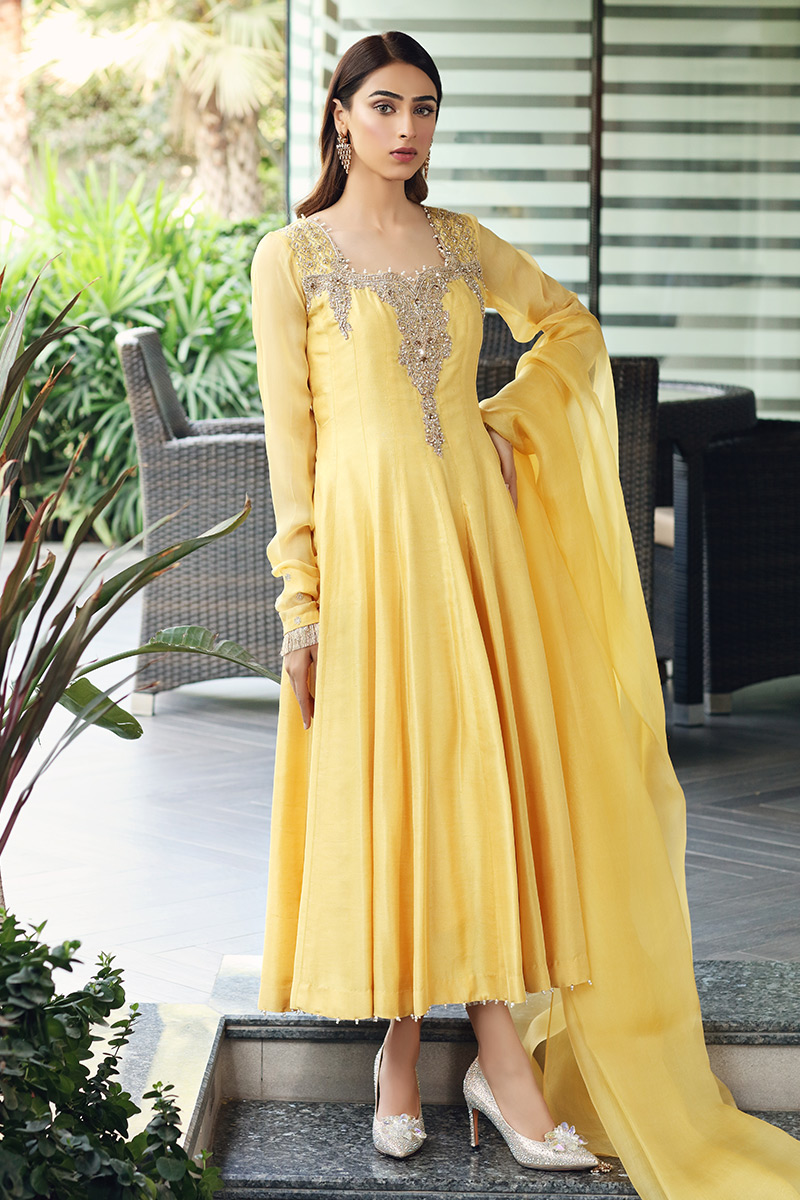 Pakistani Lime Yellow Embroidered Raw Silk Kalidaar Pishwas (3-Piece) - Image 1