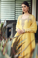 Pakistani Lime Yellow Embroidered Raw Silk Kalidaar Pishwas (3-Piece) - Image 3