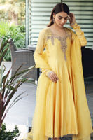 Pakistani Lime Yellow Embroidered Raw Silk Kalidaar Pishwas (3-Piece) - Image 4