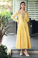 Pakistani Lime Yellow Embroidered Raw Silk Kalidaar Pishwas (3-Piece) - Image 5