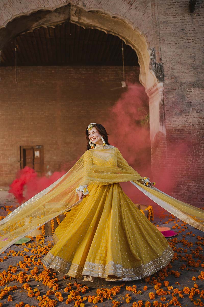 Mustard Yellow Embroidered Romani Silk Kalidar Pishwas (2-Piece) - Image 1