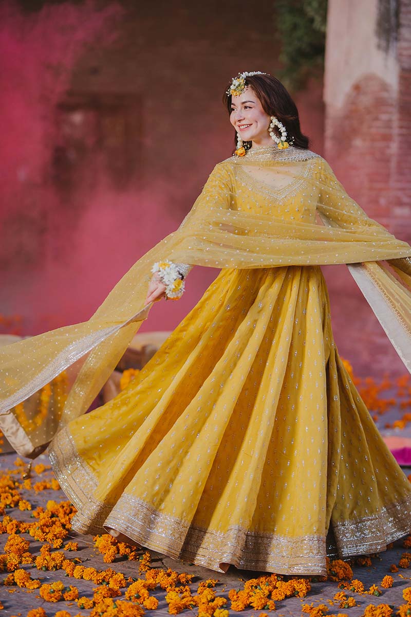Mustard Yellow Embroidered Romani Silk Kalidar Pishwas (2-Piece) - Image 5