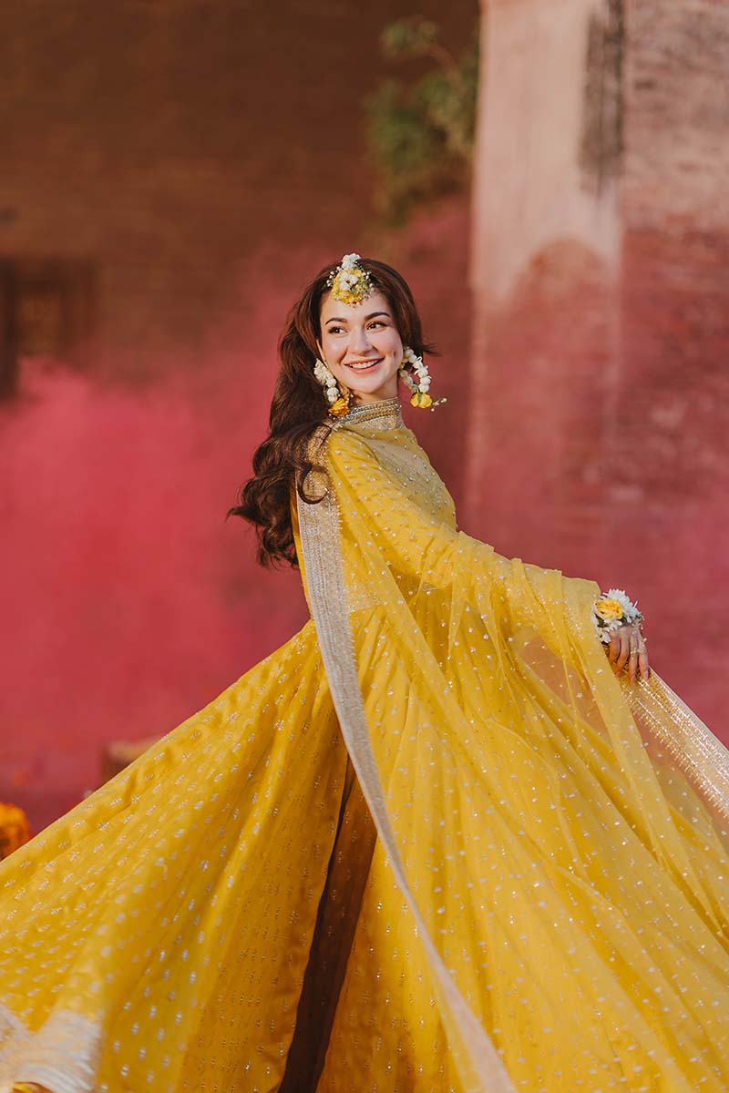 Mustard Yellow Embroidered Romani Silk Kalidar Pishwas (2-Piece) - Image 7