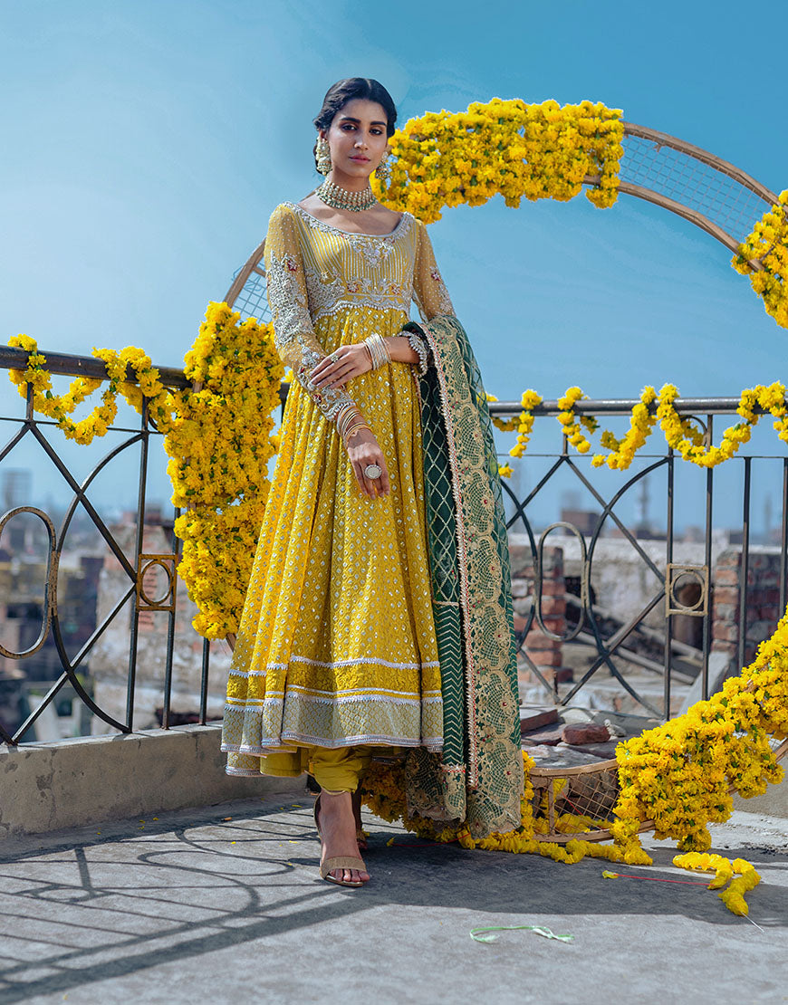 Marigold Sequin Chiffon Pishwas Dress (3-Piece) - Image 1