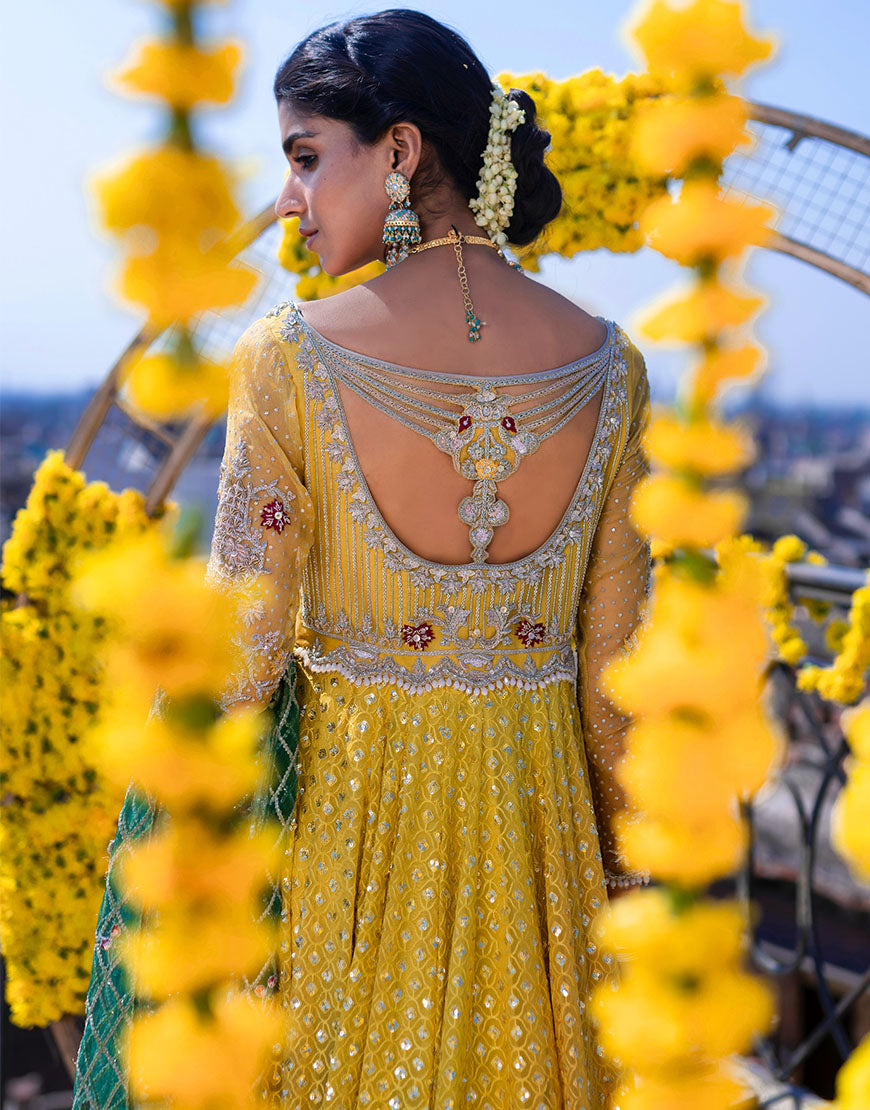 Marigold Sequin Chiffon Pishwas Dress (3-Piece) - Image 3