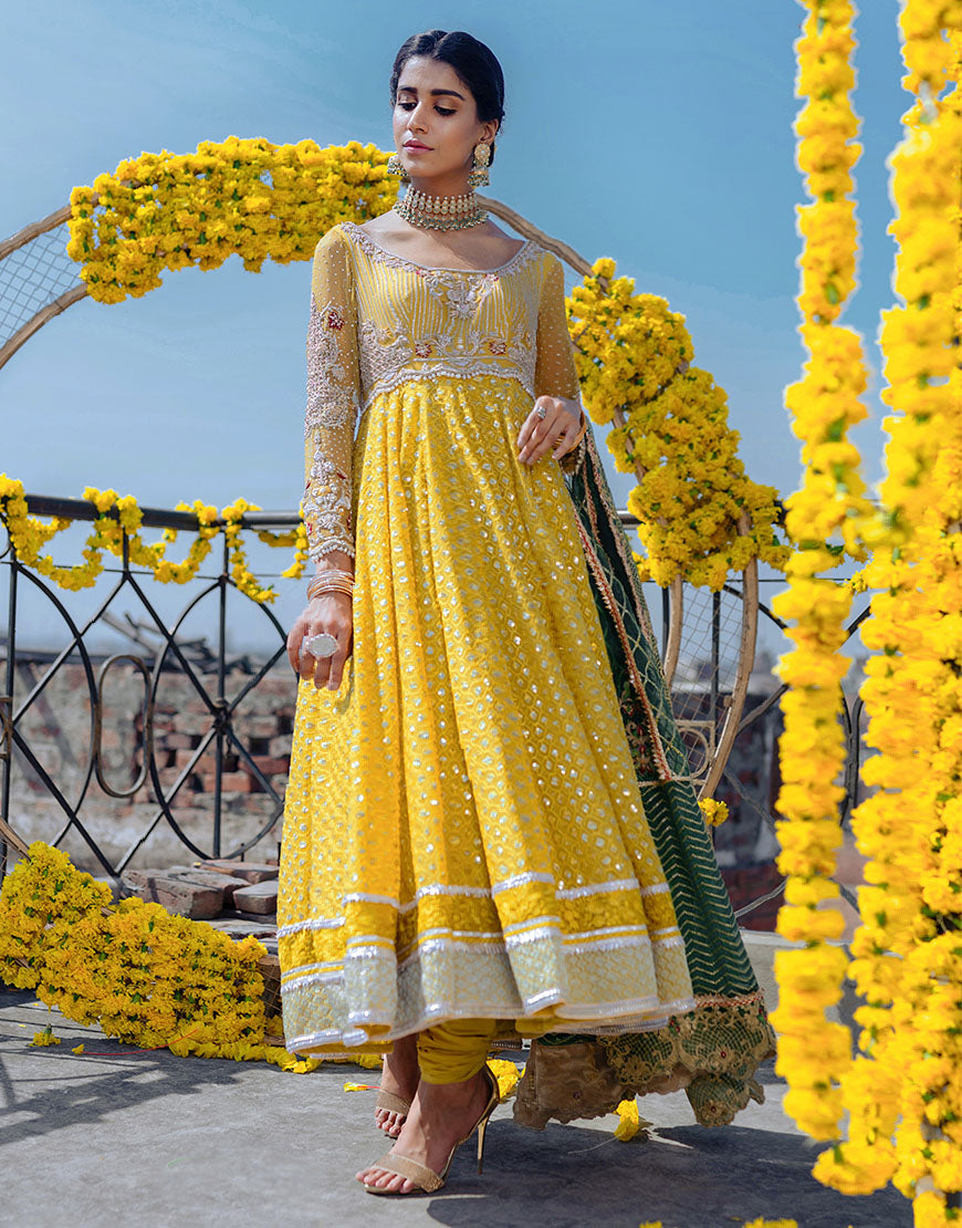 Marigold Sequin Chiffon Pishwas Dress (3-Piece) - Image 4