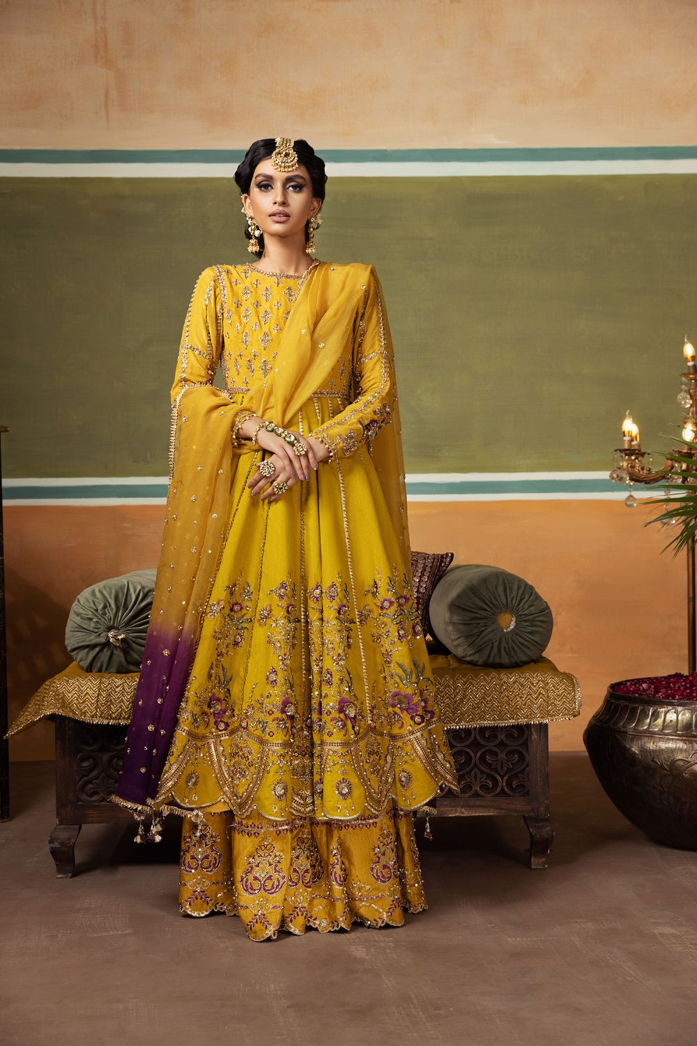 Pakistani Mustard Embellished Organza Pishwas Dress (3-Piece) - Image 1