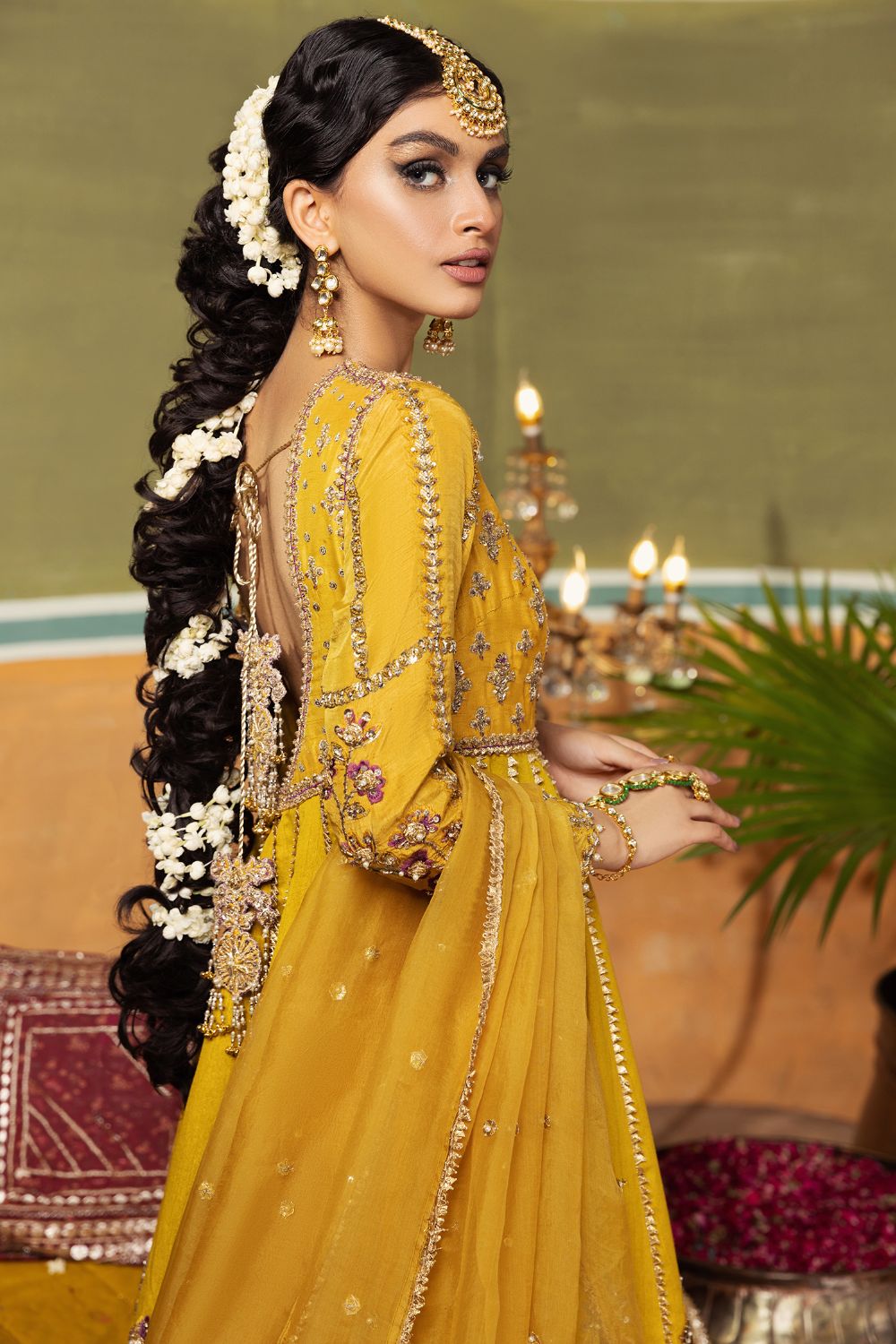 Pakistani Mustard Embellished Organza Pishwas Dress (3-Piece) - Image 2