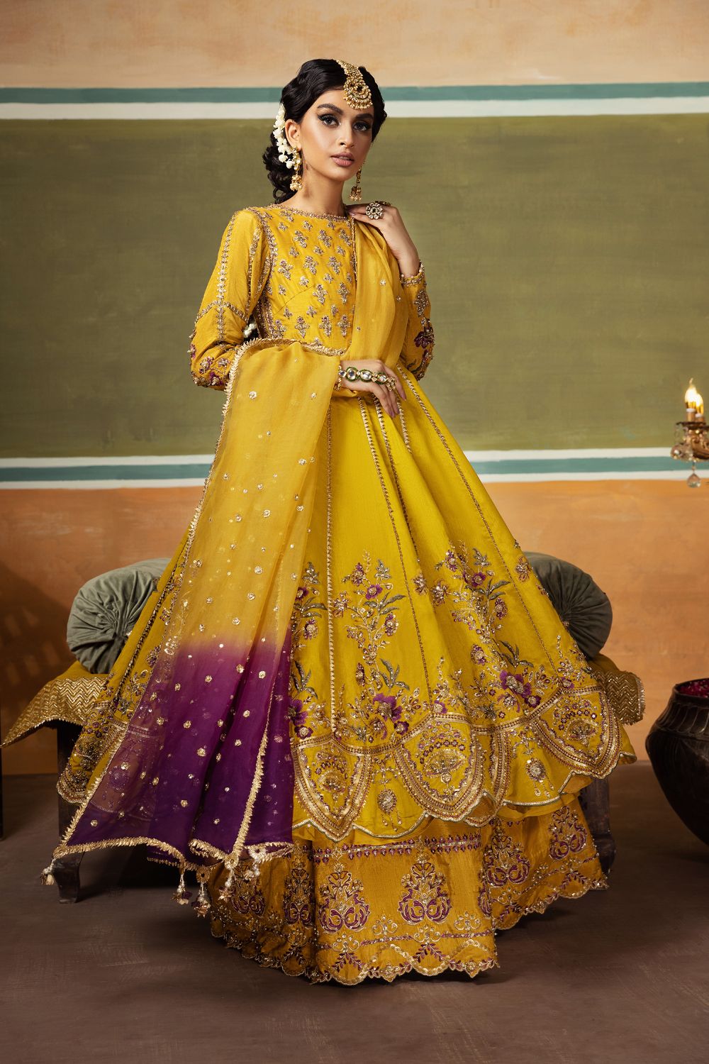 Pakistani Mustard Embellished Organza Pishwas Dress (3-Piece) - Image 3