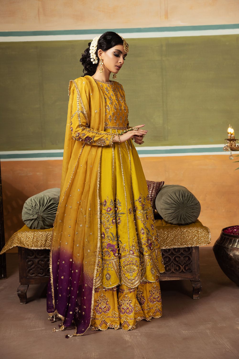 Pakistani Mustard Embellished Organza Pishwas Dress (3-Piece) - Image 4