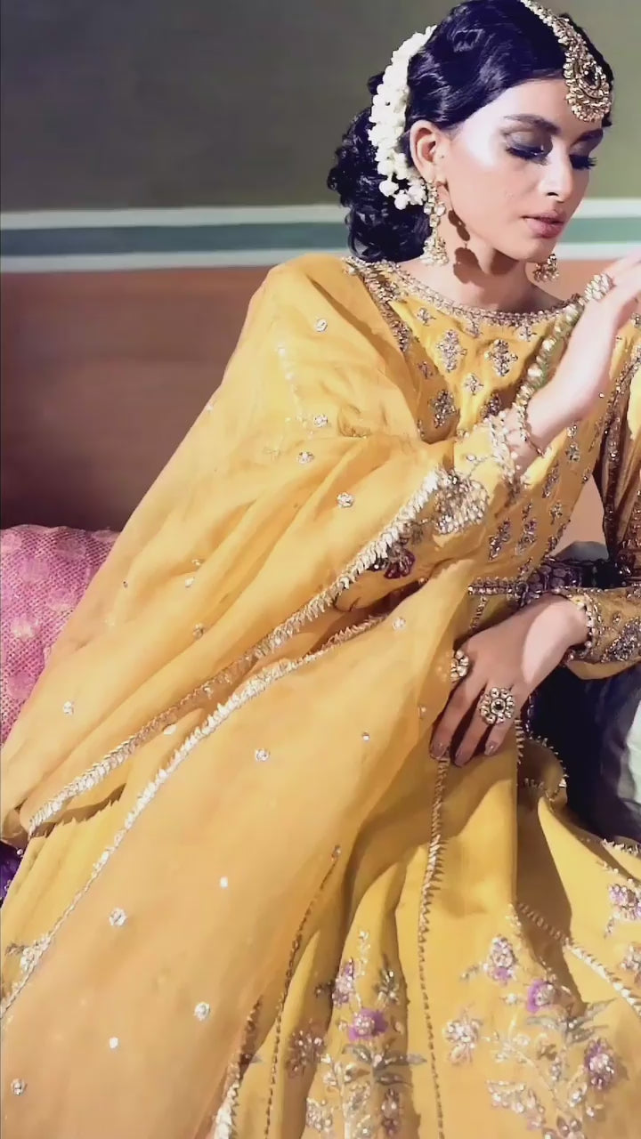 Pakistani Mustard Embellished Organza Pishwas Dress (3-Piece) - Image 5