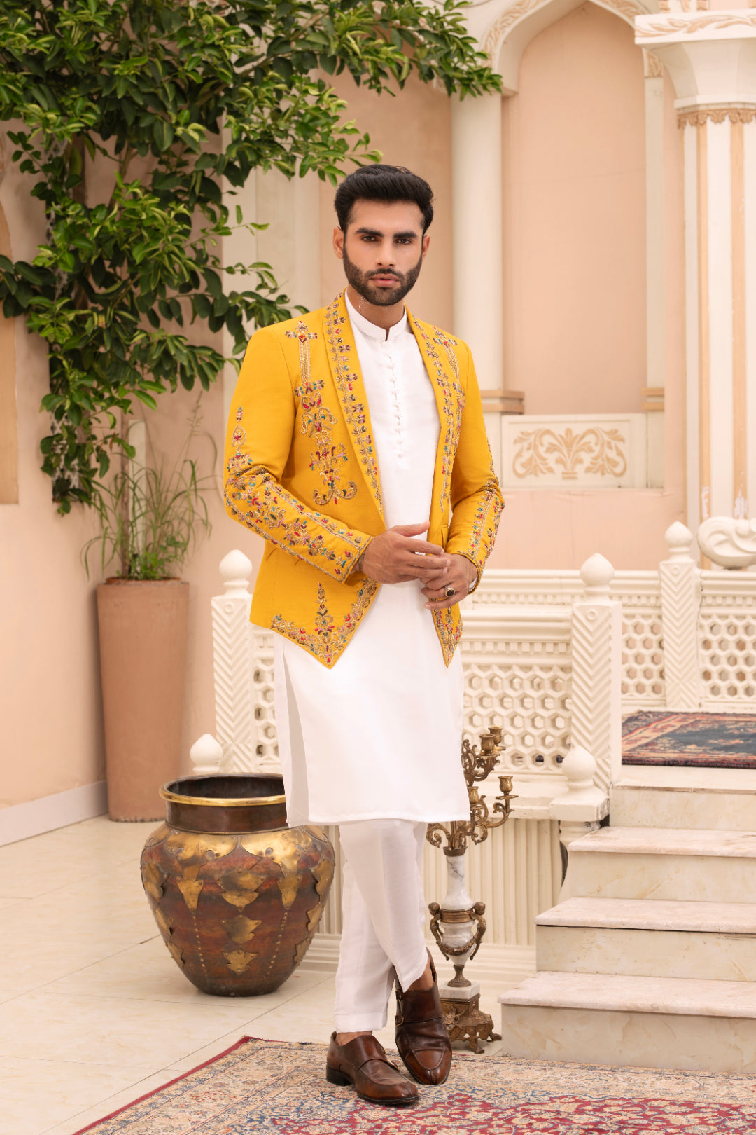 Mustard Adda Work Silk Prince Coat (3-Piece) - Image 1