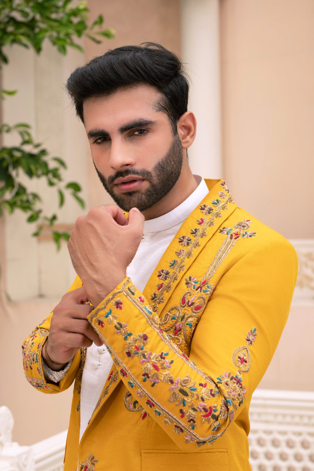 Mustard Adda Work Silk Prince Coat (3-Piece) - Image 4