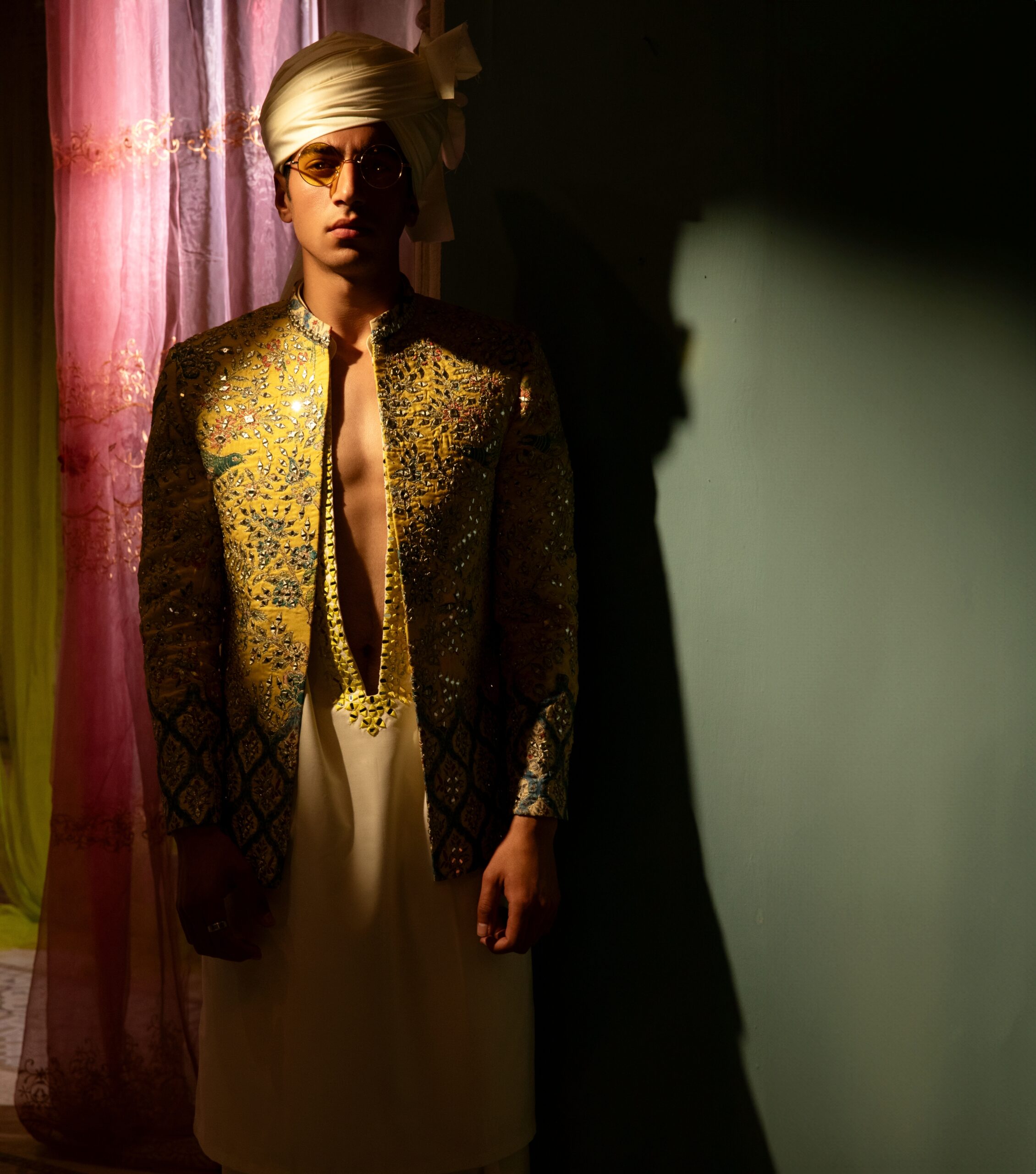 Vibrant Yellow Mirror-Embroidered Silk-Blend Prince Coat (4-Piece) - Image 1