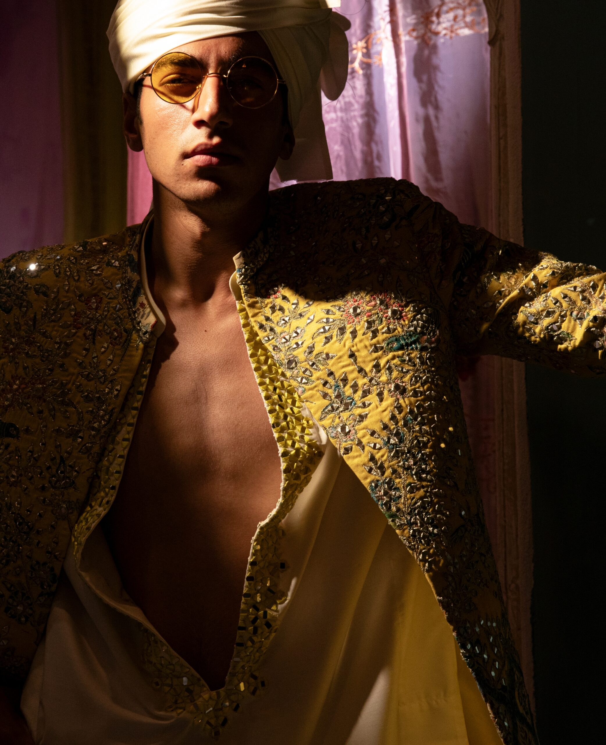 Vibrant Yellow Mirror-Embroidered Silk-Blend Prince Coat (4-Piece) - Image 2