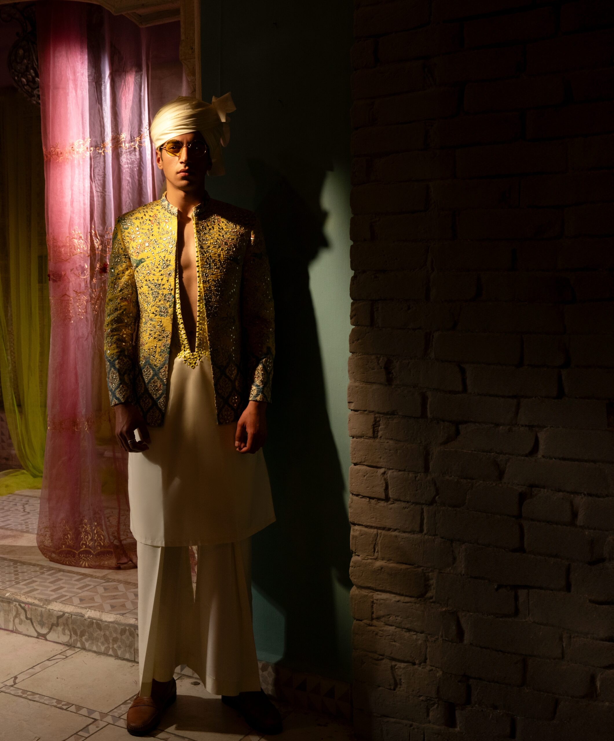 Vibrant Yellow Mirror-Embroidered Silk-Blend Prince Coat (4-Piece) - Image 3