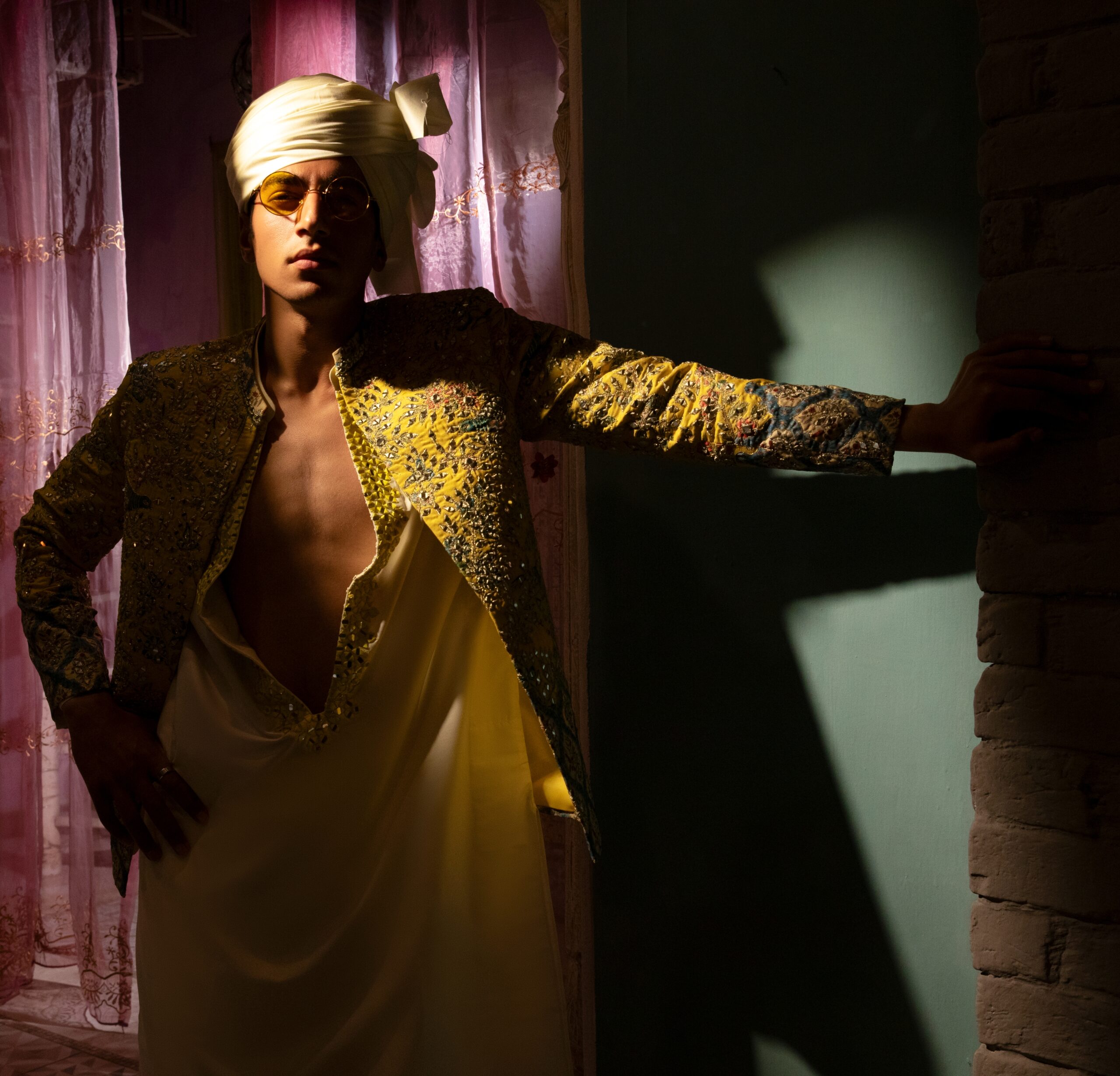 Vibrant Yellow Mirror-Embroidered Silk-Blend Prince Coat (4-Piece) - Image 4