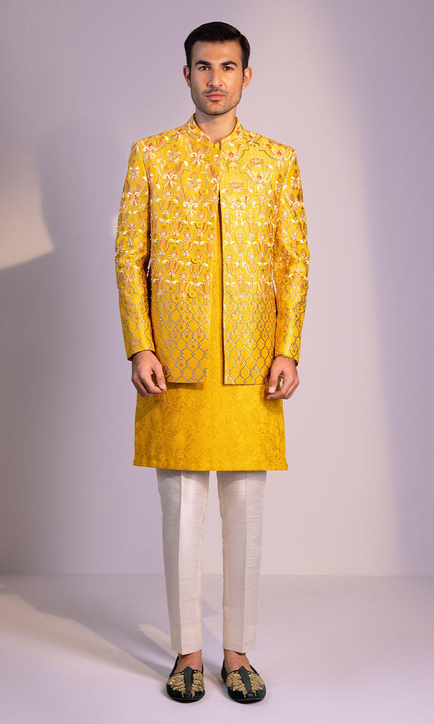 Bright Yellow Embroidered Silk-Blend Prince Coat (3-Piece) - Image 1
