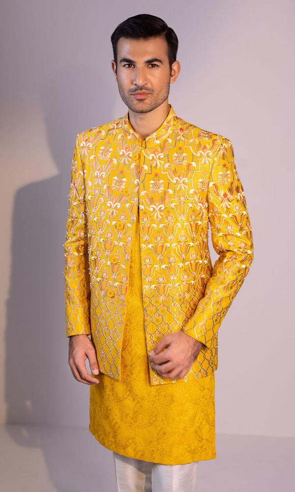 Bright Yellow Embroidered Silk-Blend Prince Coat (3-Piece) - Image 3