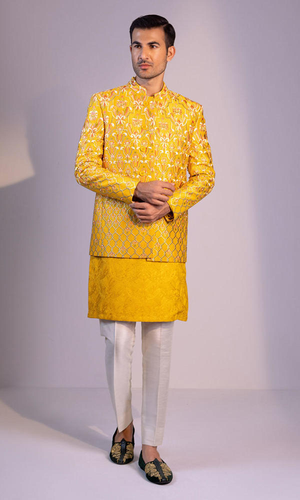Bright Yellow Embroidered Silk-Blend Prince Coat (3-Piece) - Image 4